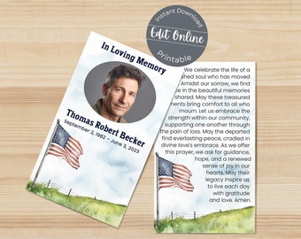 Watercolor American Flag Funeral Prayer Card Template | Editable Digital USA Patriotic Prayer | Custom Memorial Church Mass Card Printable