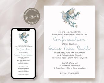Floral Dove Confirmation Invitation Template: Catholic Sacrament Evite (Digital Download)
