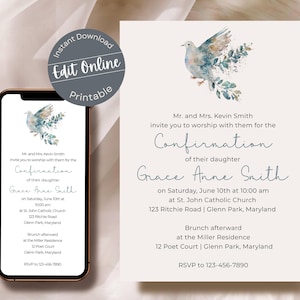 Puede incluir: Una ilustración acuarela azul y blanca de una paloma con ramas de olivo. El texto dice "Mr. and Mrs. Kevin Smith les invitan a unirse a ellos para la Confirmación de su hija Grace Anne Smith el sábado 10 de junio a las 10:00 am en la Iglesia Católica St. John 123 Ritchie Road | Glenn Park, Maryland Brunch después en la Residencia Miller 12 Poet Court | Glenn Park, Maryland RSVP al 123-456-7890".
