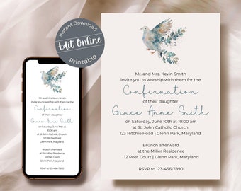 Watercolor Dove Confirmation Invitation: Editable Holy Spirit Invite (Digital)
