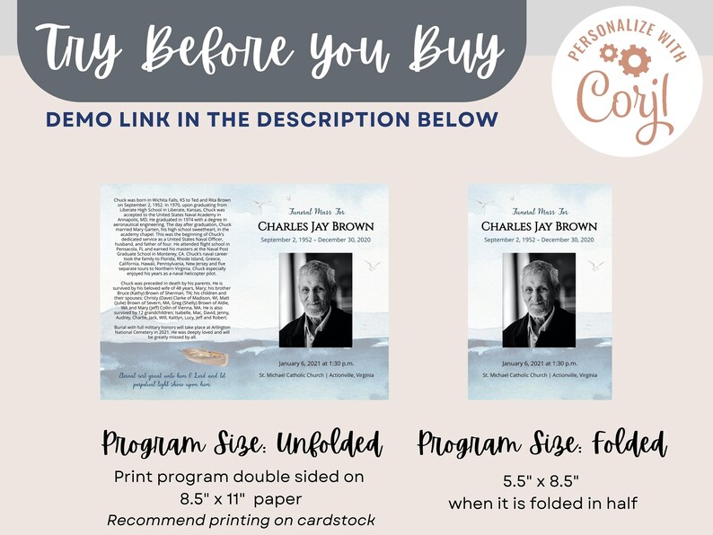 Nautical Ocean Funeral Program Template for Man or Woman Editable Photo