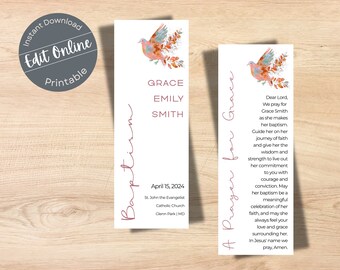 Dove Baptism Bookmark Template: Editable Printable Favor (Digital Download)