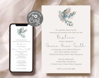 Watercolor Dove Baptism Invitation: Modern Christening Invite (Digital Download)