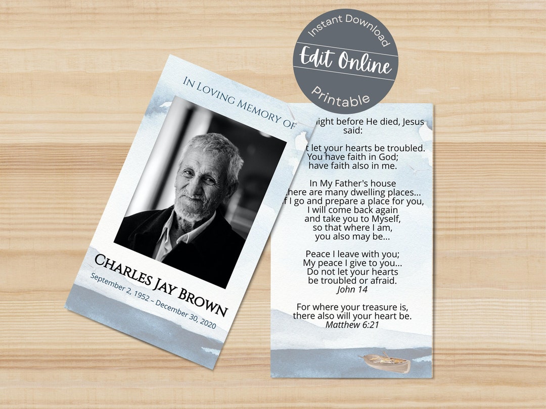 Nautical Ocean Funeral Prayer Card Template Editable Celebration of