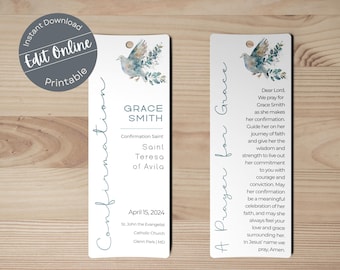 Floral Dove Confirmation Favor Bookmark Template Editable Girl Custom Bookmark Printable Thank You Digital Personalized Instant Download cd3