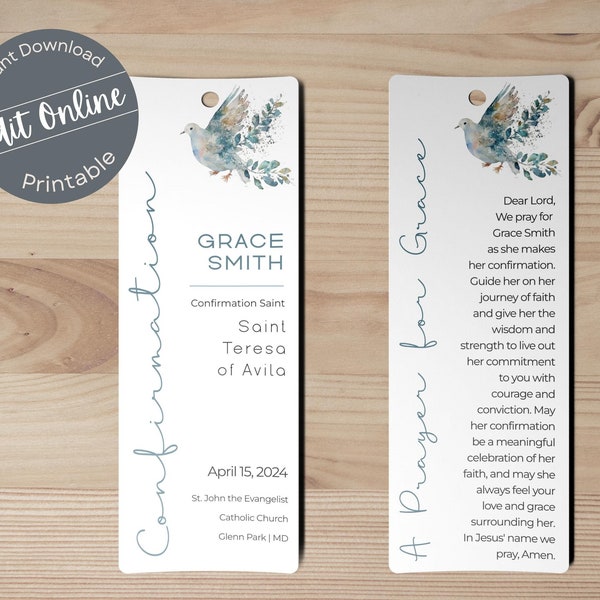 Floral Dove Confirmation Favor Bookmark Template Editable Girl Custom Bookmark Printable Thank You Digital Personalized Instant Download cd3