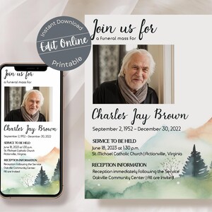 May include: A funeral announcement for Charles Jay Brown, who passed away on December 30, 2022. The announcement includes a photo of Charles, his birth and death dates, service details, and reception information. The background features a watercolor illustration of mountains and trees.