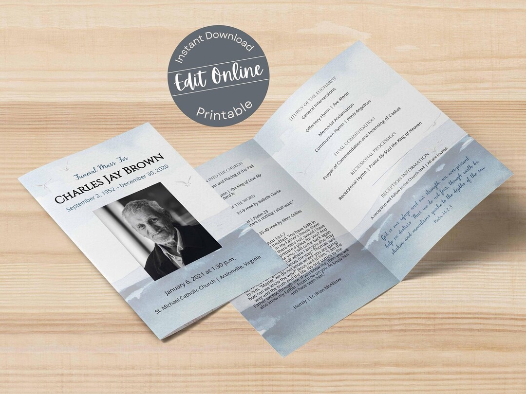 Nautical Ocean Funeral Program Template for Man or Woman Editable Photo