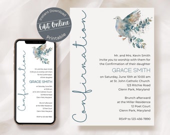 Watercolor Floral Dove Confirmation Invitation Template | Editable Girl or Boy Modern Digital Invite Card | Printable Modern Holy Spirit