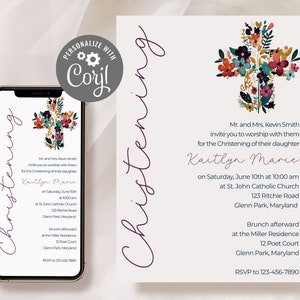 Modern Floral Cross Christening Invitation Template | Flowers Boy or Girl Printable Baptism Editable Custom Invite | Digital Download