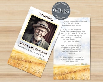 Watercolor Wheat Field Funeral Prayer Card Template (Digital)