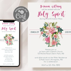 Flower Confirmation Invitation Template Editable Pink Girl Confirmation ...
