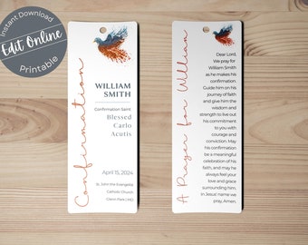 Modern Dove Confirmation Favor Bookmark Template | Editable Holy Spirit Boy or Girl Custom Printable Thank You | Digital Instant Download