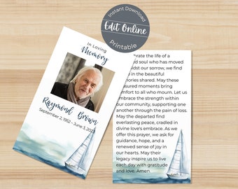 Watercolor Sailboat Ocean Funeral Prayer Card Template | Editable Digital Poem or Prayer | Custom Water Memorial Church Mass Card Printable