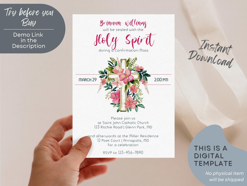 Flower Confirmation Invitation Template Editable Pink Girl Confirmation ...