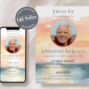 Watercolor Ocean Funeral Invitation Template | Editable Waves Celebration of Life Funeral Invite | Sea Memorial Obituary Boat Digital Evite
