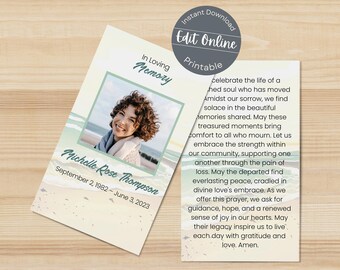 Watercolor Beach Funeral Prayer Card: Editable Memorial Poem (Digital Download)