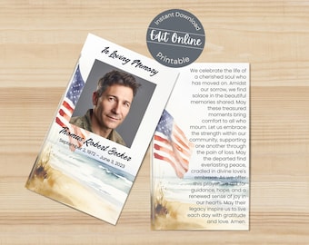 Watercolor American Flag Funeral Prayer Card Template | Editable Digital USA Patriotic Prayer | Custom Memorial Church Mass Card Printable