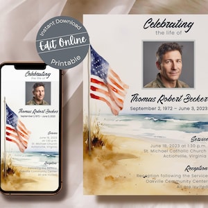 May include: A memorial service announcement with a watercolor background featuring a beach scene and an American flag. The announcement includes the name "Thomas Robert Becker", the dates "September 2, 1972 - June 3, 2023", and details about the service and reception.