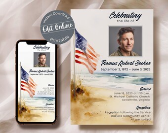 Watercolor American Flag Funeral Invitation: Patriotic Celebration of Life (Digital Evite)