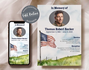 Watercolor American Flag Funeral Invitation Template | Editable Patriotic Celebration of Life Invite | Memorial Obituary USA Digital Evite