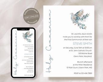 Watercolor Dove First Holy Communion Invitation Template: Editable Digital Invite