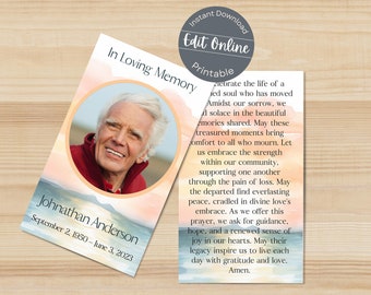 Watercolor Sunset Ocean Memorial Prayer Card (Digital Template)