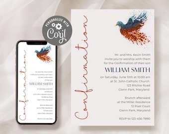 May include: Confirmation invitation with a blue and orange dove design. The invitation is for William Smith on Saturday, June 10th at 10:00 am at St. John Catholic Church, 123 Ritchie Road, Glenn Park, Maryland. Brunch afterward at the Miller Residence, 12 Poet Court, Glenn Park, Maryland. RSVP to 123-456-7890.