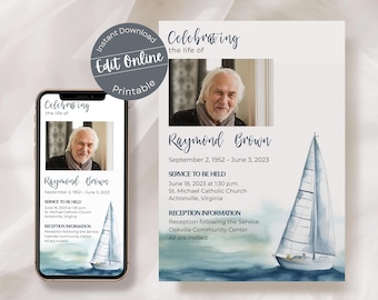 Watercolor Sailboat Funeral Invitation Template for Man | Editable Ocean Celebration of Life Invite | Memorial Sea Obituary Digital Evite