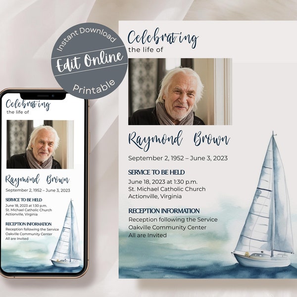 Watercolor Sailboat Funeral Invitation Template for Man | Editable Ocean Celebration of Life Invite | Memorial Sea Obituary Digital Evite