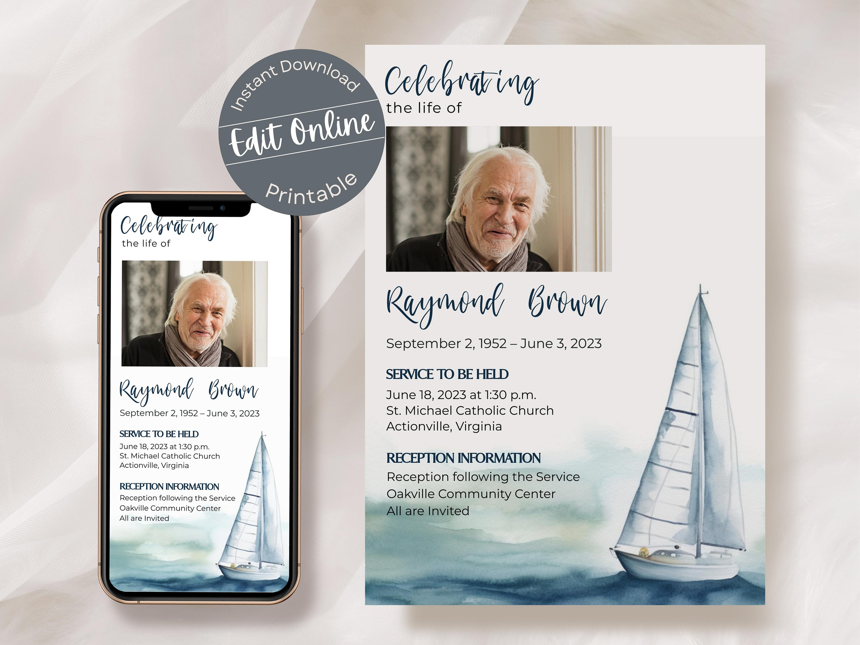 Watercolor Sailboat Funeral Invitation Template for Man | Editable ...