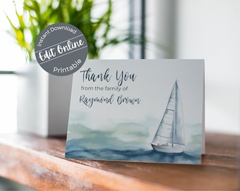 Watercolor Sailboat Funeral Thank You Card Template (Digital Download)