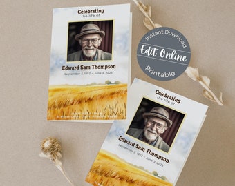 Watercolor Wheat Field Funeral Program Template | Man or Woman | Editable Photo Country Memorial Brochure | Printable Farm Church Service