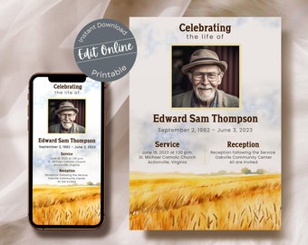 Watercolor Wheat Field Funeral Invitation: Editable Memorial (Digital Evite)