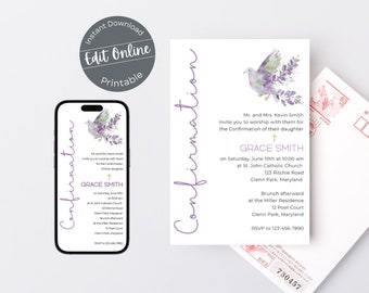 Floral Dove Confirmation Invitation Template: Editable Digital Invite (PDF)