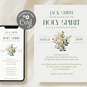 Cross Confirmation Invitation Template Editable Leaves Boy Confirmation Invite Printable Digital Cross Girl Invitation Instant Download