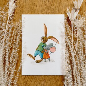 Ratón y Conejo - Amor | amistad | Postal | gouache | murales | papel de bellas artes