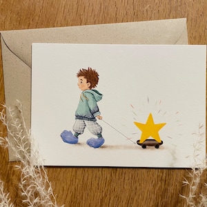 Postal de niño - Niño estrella | esperanza | Pensando en ti | Ilustración | Papel de Bellas Artes | incluido sobre