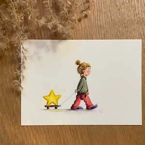 Mädchen Postkarte - Sternenkind | Hoffnung | Denke an dich | Illustration | Fine Art Papier | Inkl. Briefumschlag