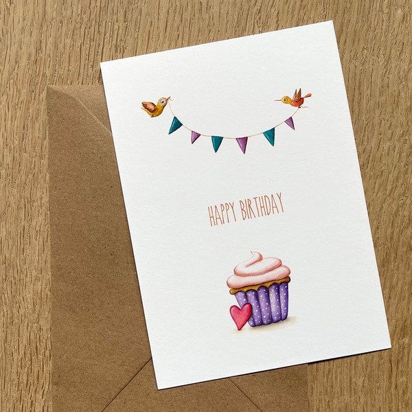 Happy Birthday - Postkarte | DIN A6| Geburtstagskarte |Cupcake | Aquarell | Alles gute | Illustration