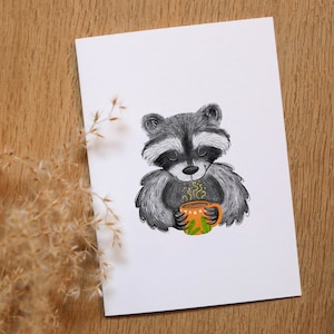 Raton laveur - Carte postale/ Murale | A6 | Papier beaux-arts | y compris l'enveloppe