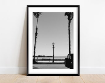 Puede incluir: Fotografía en blanco y negro de una escena de playa con dos palmeras, una farola, un banco y un coche en la distancia. El muelle es visible en el fondo.