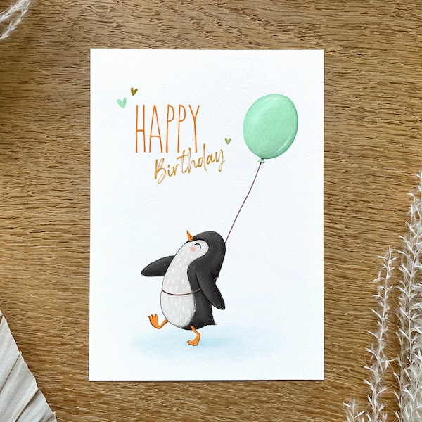 Happy Birthday- Pinguin | Postkarte | Kinderbild | Illustration | Fine Art Papier