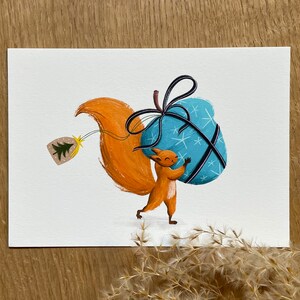 Geschenk - Eichhörnchen Postkarte | Frohe Weihnachten | Kinderbild | Illustration | Fine Art Papier | Inkl. Briefumschlag