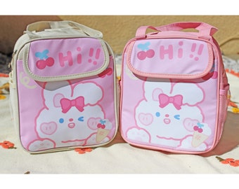 Bunny Lunch Bag, Kawaii Insulated Lunch Box, Cute Korean Lunchbox with Bottle Pockets