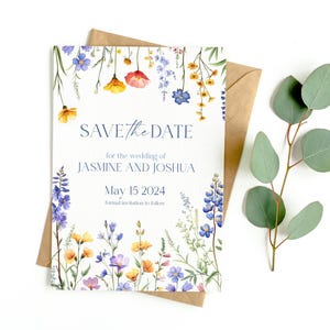 Cartes "Retenez cette date" fleurs sauvages| Papier texturé lin| Enveloppe en papier kraft brun