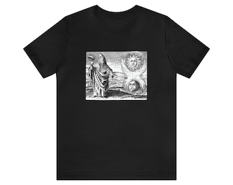 May include: Black and white illustration of a robed figure holding a crown, standing in front of two faces with sun rays emanating from them.
