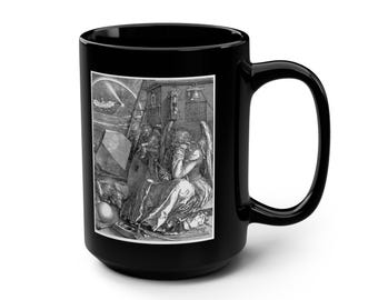 Melancholia Angel Artistic Black Coffee Mug, Albrecht Durer art. Unique Gift for Art Lovers.