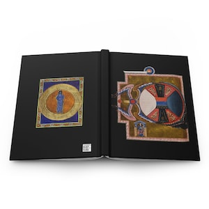 May include: Two pages from an open book with illuminated manuscripts. The left page shows a blue figure standing in a circle of concentric rings. The right page shows a colorful, intricate design with a central circle and a cross.