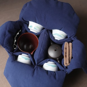 Cotton and linen teacup and teapot set storage bag lengthened and thickened large travel tea set bag portable cloth bag